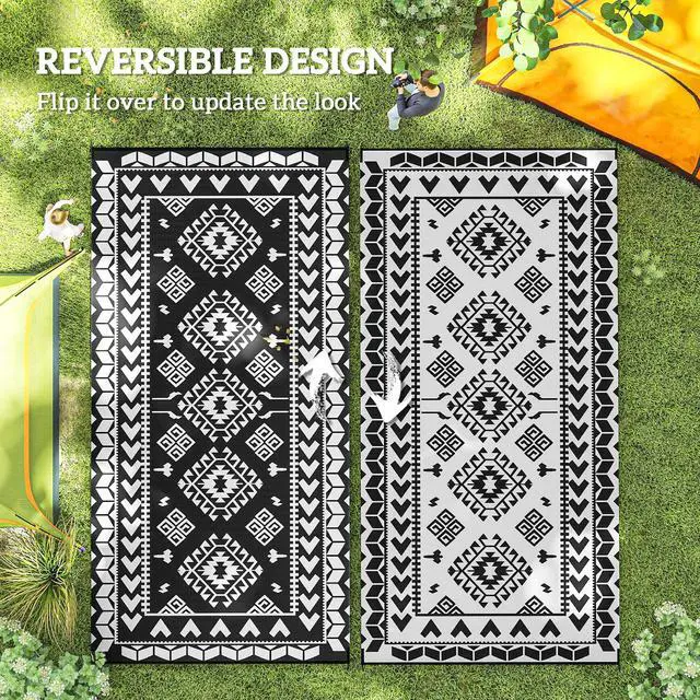 Alt view image 2 of 7 - Outdoor Patio Rug, Large Camping Carpet with Carrying Bag, 9' x 18' Waterproof Plastic Straw, Reversible, Black & White Rhombus Patchwork
