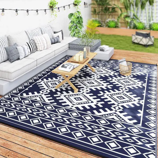 Main image of Outdoor Patio Rug, Large Camping Carpet with Carrying Bag, 9' x 12' Waterproof Plastic Straw, Reversible, Blue & White Rhombus Border
