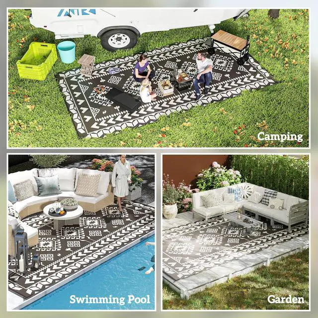 Alt view image 7 of 7 - Outdoor Patio Rug, Large Camping Carpet with Carrying Bag, 9' x 18' Waterproof Plastic Straw, Reversible, Black & White Rhombus Patchwork