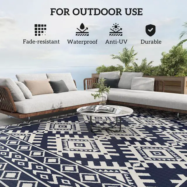 Alt view image 5 of 7 - Outdoor Patio Rug, Large Camping Carpet with Carrying Bag, 9' x 12' Waterproof Plastic Straw, Reversible, Blue & White Rhombus Border