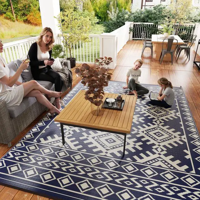 Alt view image 3 of 7 - Outdoor Patio Rug, Large Camping Carpet with Carrying Bag, 9' x 12' Waterproof Plastic Straw, Reversible, Blue & White Rhombus Border