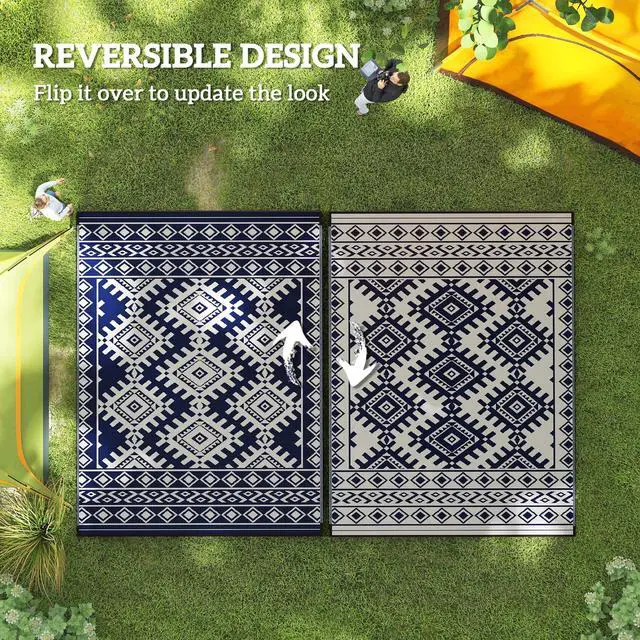 Alt view image 2 of 7 - Outdoor Patio Rug, Large Camping Carpet with Carrying Bag, 9' x 12' Waterproof Plastic Straw, Reversible, Blue & White Rhombus Border