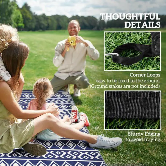 Alt view image 4 of 7 - Outdoor Patio Rug, Large Camping Carpet with Carrying Bag, 9' x 12' Waterproof Plastic Straw, Reversible, Blue & White Rhombus Border