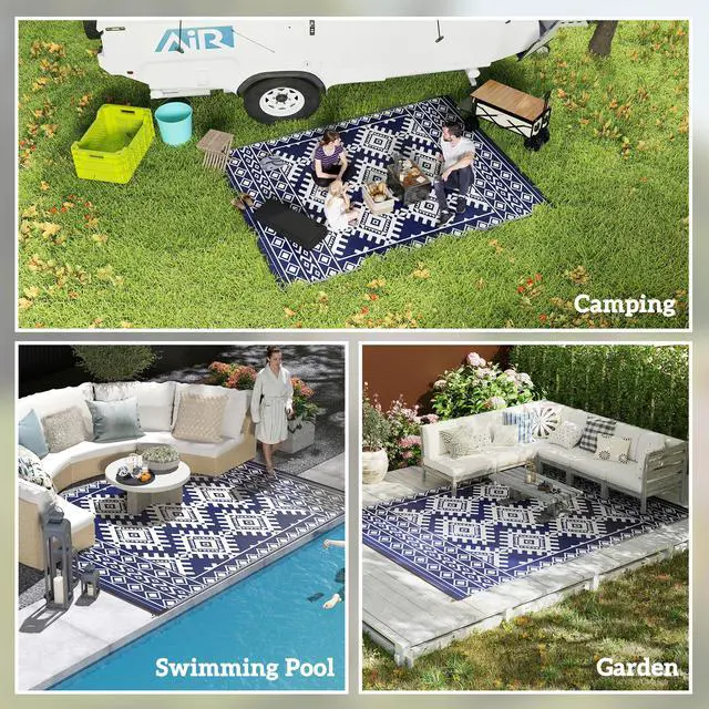 Alt view image 6 of 7 - Outdoor Patio Rug, Large Camping Carpet with Carrying Bag, 9' x 12' Waterproof Plastic Straw, Reversible, Blue & White Rhombus Border