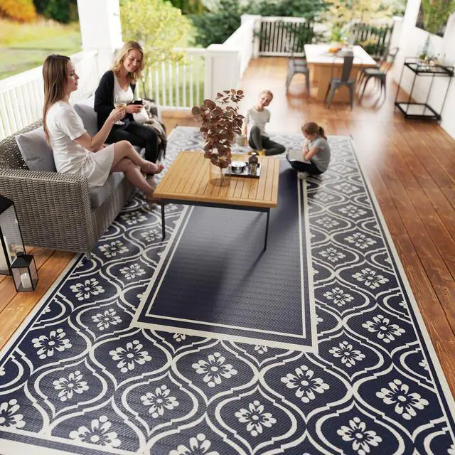 Alt view image 3 of 7 - Outdoor Patio Rug, Large Camping Carpet with Carrying Bag, 9' x 18' Waterproof Plastic Straw, Reversible, Blue & White Gourd Border