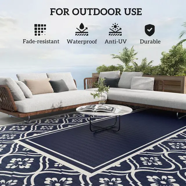 Alt view image 5 of 7 - Outdoor Patio Rug, Large Camping Carpet with Carrying Bag, 9' x 18' Waterproof Plastic Straw, Reversible, Blue & White Gourd Border