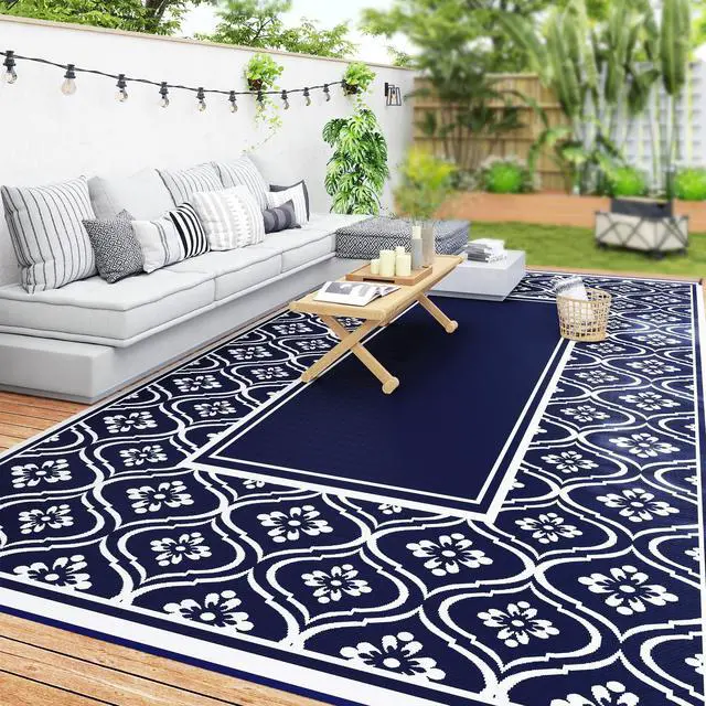 Main image of Outdoor Patio Rug, Large Camping Carpet with Carrying Bag, 9' x 18' Waterproof Plastic Straw, Reversible, Blue & White Gourd Border