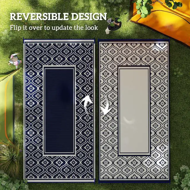 Alt view image 2 of 7 - Outdoor Patio Rug, Large Camping Carpet with Carrying Bag, 9' x 18' Waterproof Plastic Straw, Reversible, Blue & White Gourd Border