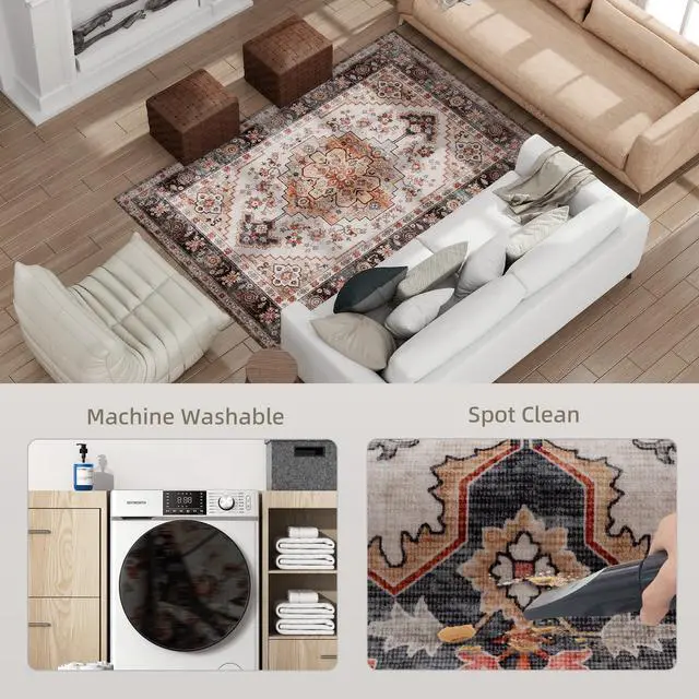 Alt view image 7 of 7 - Area Rug 4x6, Non-Slip Machine Washable Rug, Boho Print Pattern Medallion Carpet for Living Room, Bedroom, Dining Room, Tawny Brown