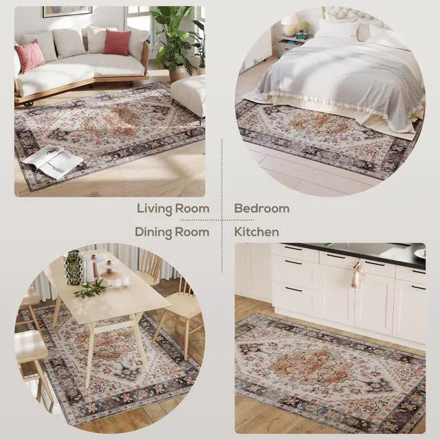 Alt view image 6 of 7 - Area Rug 4x6, Non-Slip Machine Washable Rug, Boho Print Pattern Medallion Carpet for Living Room, Bedroom, Dining Room, Tawny Brown