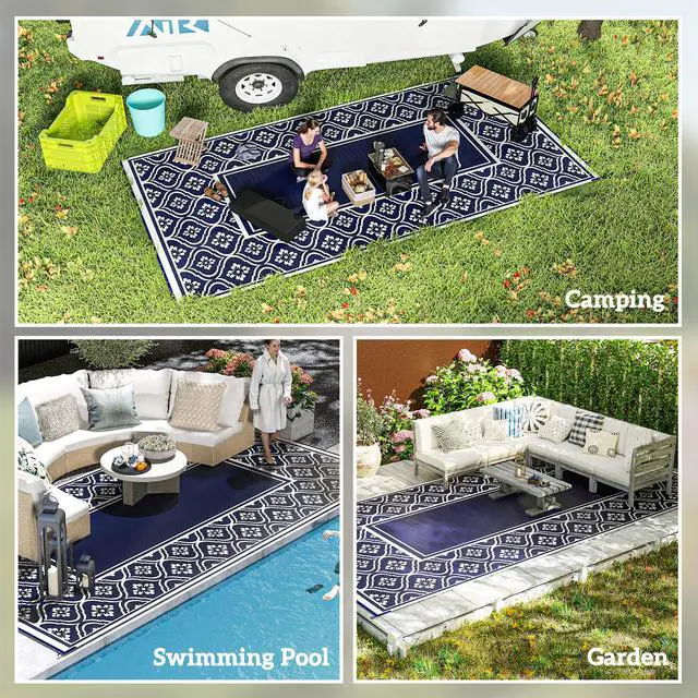 Alt view image 6 of 7 - Outdoor Patio Rug, Large Camping Carpet with Carrying Bag, 9' x 18' Waterproof Plastic Straw, Reversible, Blue & White Gourd Border