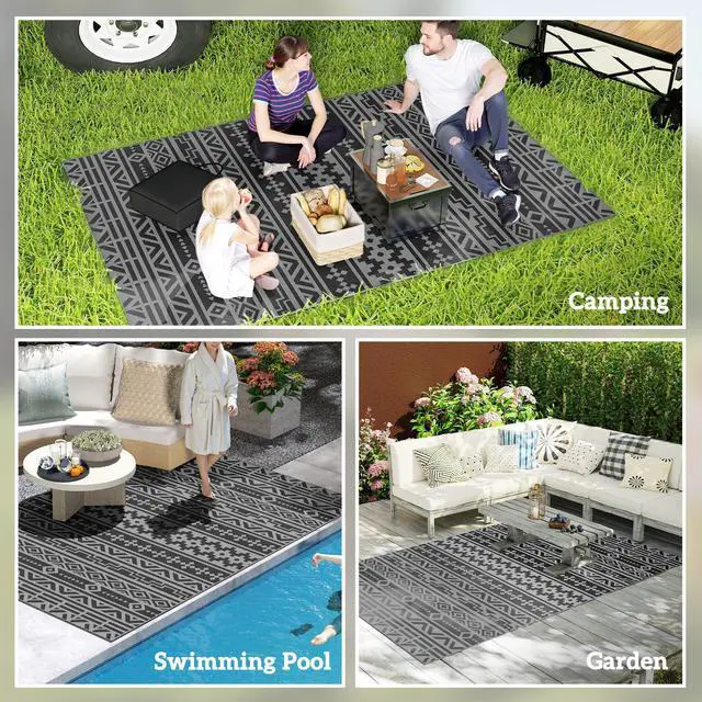 Alt view image 7 of 7 - Outdoor Patio Rug, Large Camping Carpet with Carrying Bag, 6' x 9' Waterproof Plastic Straw, Reversible, Black & Gray Geometric Wall