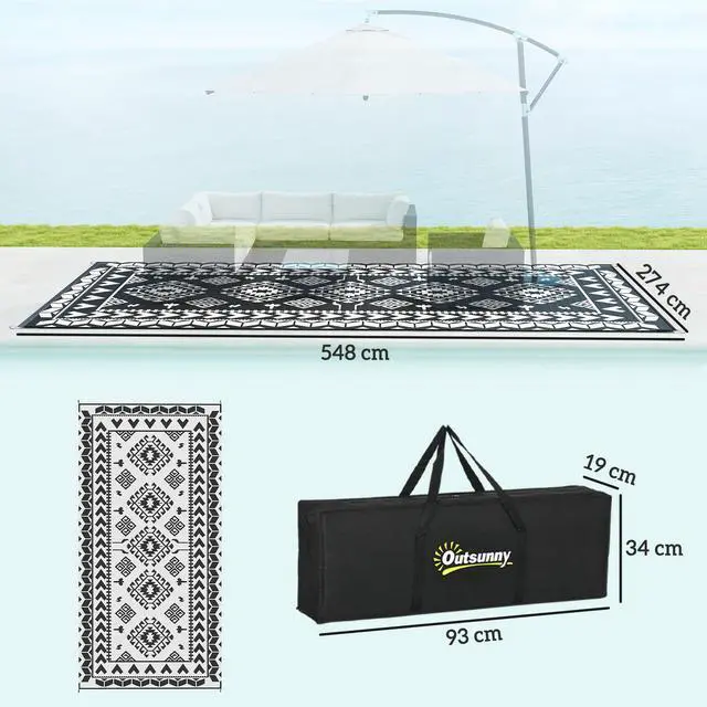 Alt view image 3 of 7 - Outdoor Patio Rug, Large Camping Carpet with Carrying Bag, 9' x 18' Waterproof Plastic Straw, Reversible, Black & White Rhombus Patchwork