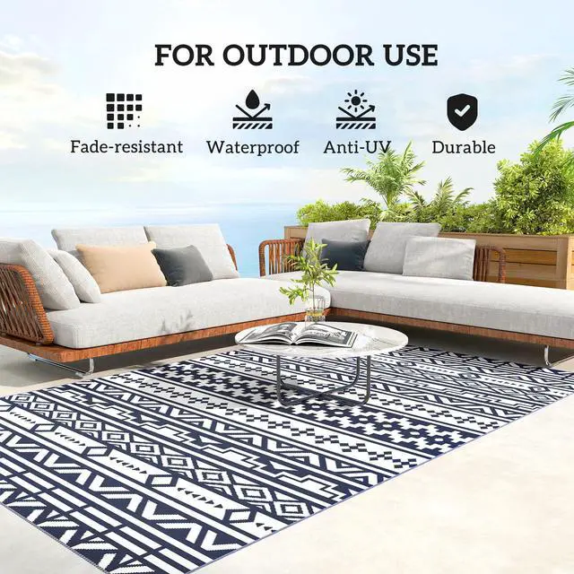 Alt view image 6 of 7 - Outdoor Patio Rug, Large Camping Carpet with Carrying Bag, 6' x 9' Waterproof Plastic Straw, Reversible, Blue & White Geometric