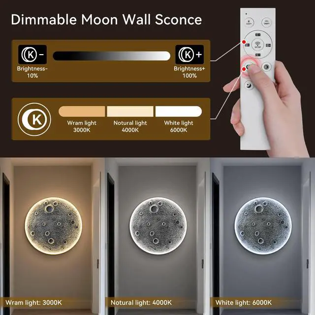 Alt view image 4 of 7 - 48-inch Realistic Resin Moon Wall Light Plug-in Dimmable Led Moon Sconce with Remote Control, 45 W Main & 20 W Night Light, Meteorite Crater Texture, 1.75 Thick Wall-Mounted Décor for Home & Commer