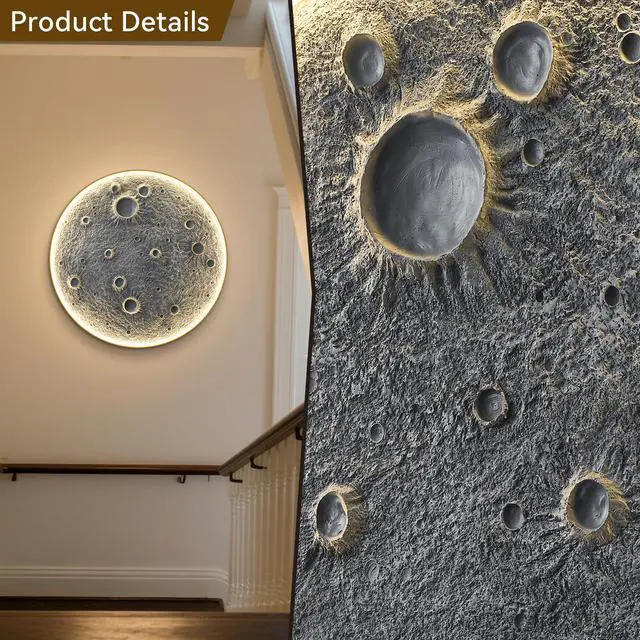 Alt view image 3 of 7 - 48-inch Realistic Resin Moon Wall Light Plug-in Dimmable Led Moon Sconce with Remote Control, 45 W Main & 20 W Night Light, Meteorite Crater Texture, 1.75 Thick Wall-Mounted Décor for Home & Commer