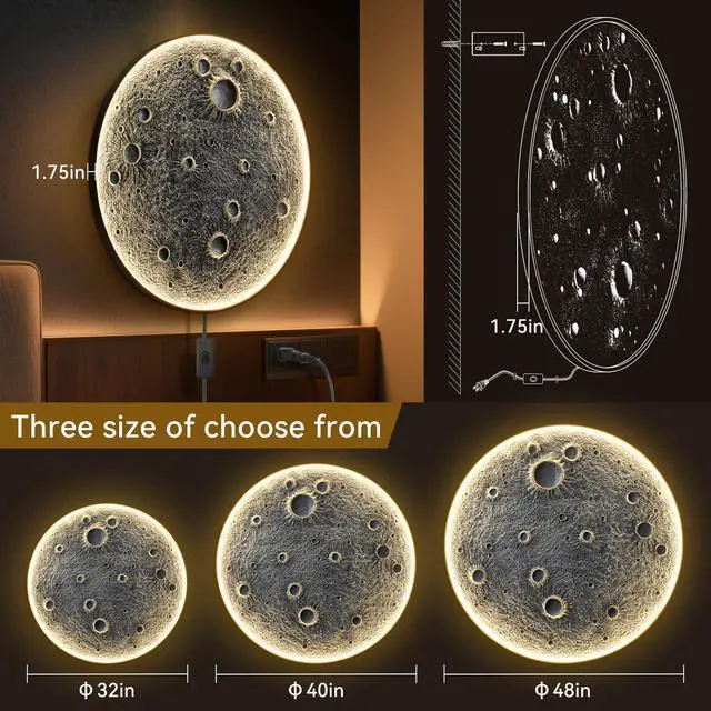 Alt view image 6 of 7 - 48-inch Realistic Resin Moon Wall Light Plug-in Dimmable Led Moon Sconce with Remote Control, 45 W Main & 20 W Night Light, Meteorite Crater Texture, 1.75 Thick Wall-Mounted Décor for Home & Commer
