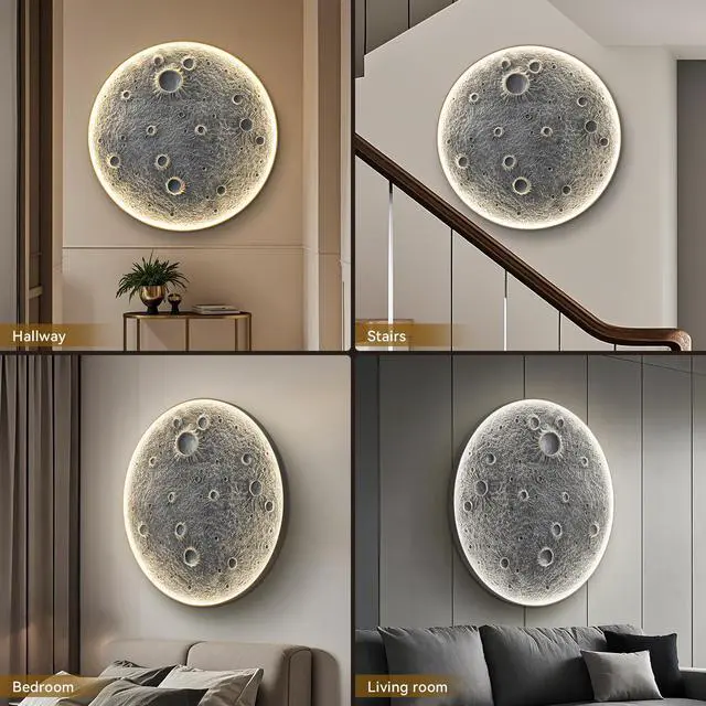 Alt view image 7 of 7 - 48-inch Realistic Resin Moon Wall Light Plug-in Dimmable Led Moon Sconce with Remote Control, 45 W Main & 20 W Night Light, Meteorite Crater Texture, 1.75 Thick Wall-Mounted Décor for Home & Commer