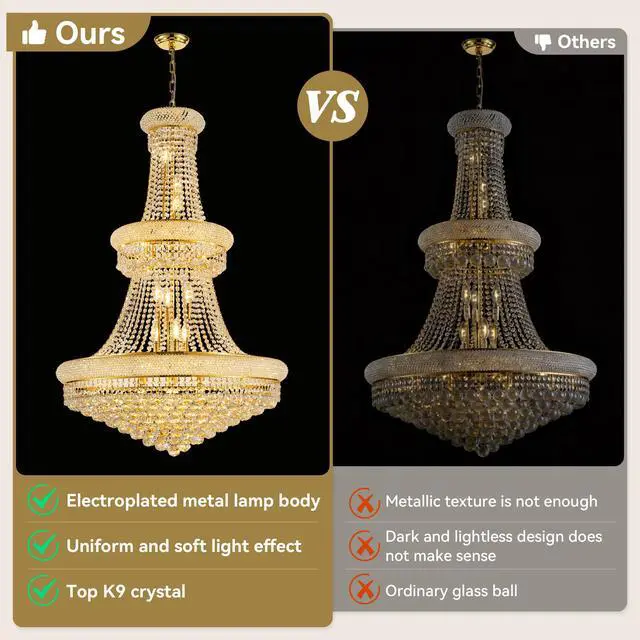 Alt view image 4 of 7 - 32-inch Gold Crystal Chandelier, 27-Light French Empire Ceiling Light with Led Bulbs, Adjustable 59-inch Chain, 3000K Warm Light, Ideal for Living Room, Dining Room, and Foyer