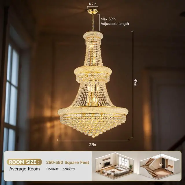 Alt view image 2 of 7 - 32-inch Gold Crystal Chandelier, 27-Light French Empire Ceiling Light with Led Bulbs, Adjustable 59-inch Chain, 3000K Warm Light, Ideal for Living Room, Dining Room, and Foyer