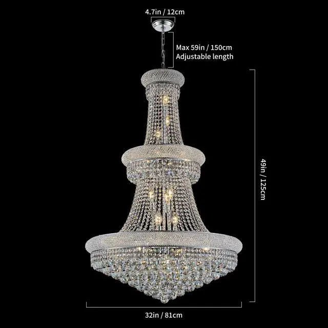 Alt view image 2 of 7 - 32-inch Silver Crystal Chandelier, 27-Light French Empire Ceiling Light with Led Bulbs, Adjustable 59-inch Chain, 3000K Warm Light, Perfect for Dining Room, Living Room, and Foyer