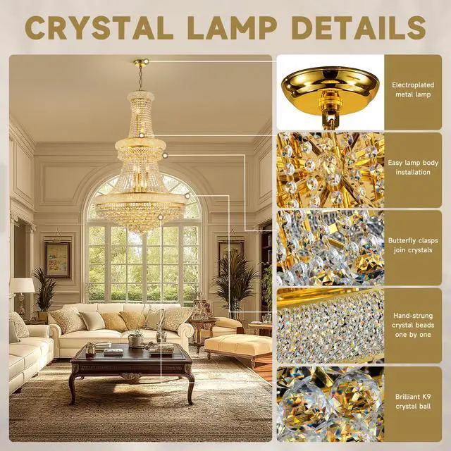 Alt view image 3 of 7 - 32-inch Gold Crystal Chandelier, 27-Light French Empire Ceiling Light with Led Bulbs, Adjustable 59-inch Chain, 3000K Warm Light, Ideal for Living Room, Dining Room, and Foyer