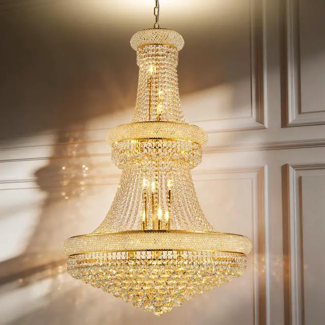Main image of 32-inch Gold Crystal Chandelier, 27-Light French Empire Ceiling Light with Led Bulbs, Adjustable 59-inch Chain, 3000K Warm Light, Ideal for Living Room, Dining Room, and Foyer