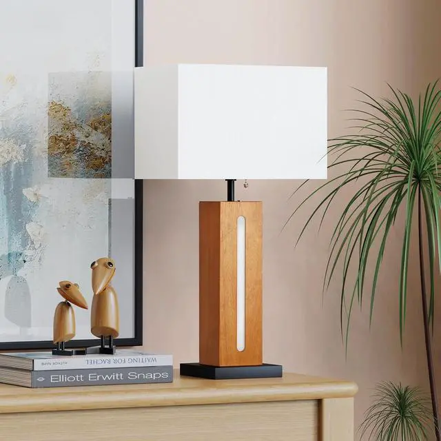 Alt view image 3 of 7 - Table Lamps Set Of 2, Modern Dimmable Bedside Lamp with Led Nightlight, Rustic Farmhouse Square Wood Grain Nightstand Lamps with Linen Shades for Living Room Bedroom End Table