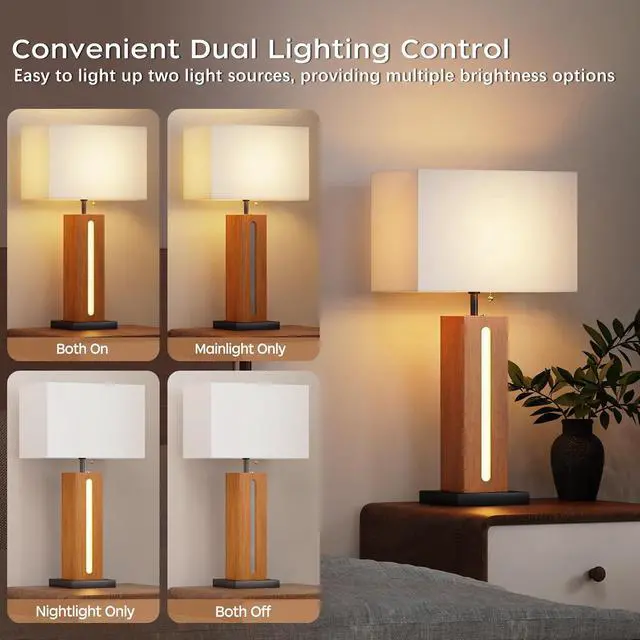 Alt view image 4 of 7 - Table Lamps Set Of 2, Modern Dimmable Bedside Lamp with Led Nightlight, Rustic Farmhouse Square Wood Grain Nightstand Lamps with Linen Shades for Living Room Bedroom End Table