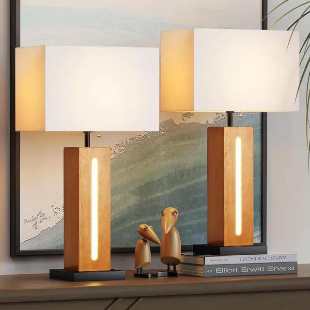 Alt view image 5 of 7 - Table Lamps Set Of 2, Modern Dimmable Bedside Lamp with Led Nightlight, Rustic Farmhouse Square Wood Grain Nightstand Lamps with Linen Shades for Living Room Bedroom End Table
