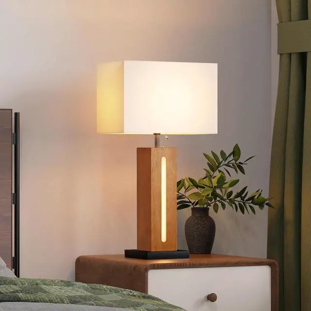 Alt view image 6 of 7 - Table Lamps Set Of 2, Modern Dimmable Bedside Lamp with Led Nightlight, Rustic Farmhouse Square Wood Grain Nightstand Lamps with Linen Shades for Living Room Bedroom End Table