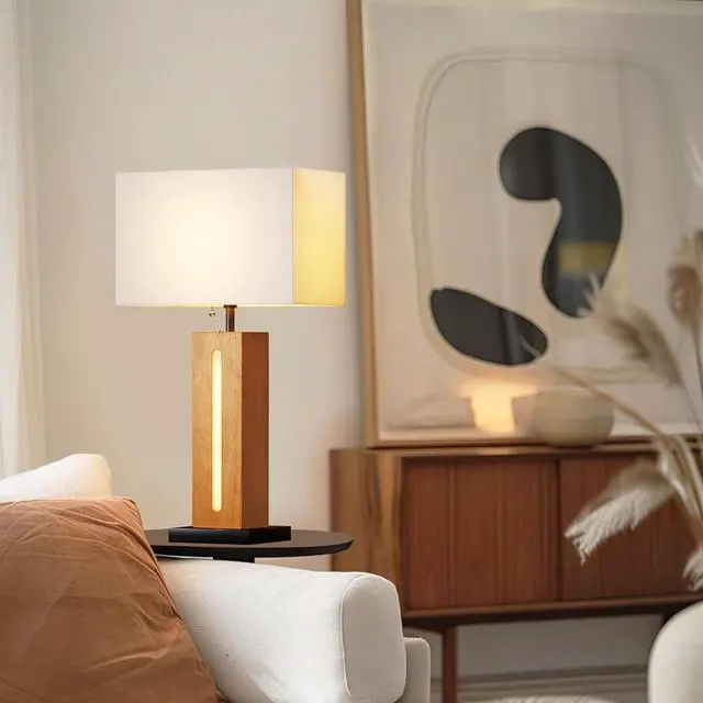 Alt view image 7 of 7 - Table Lamps Set Of 2, Modern Dimmable Bedside Lamp with Led Nightlight, Rustic Farmhouse Square Wood Grain Nightstand Lamps with Linen Shades for Living Room Bedroom End Table