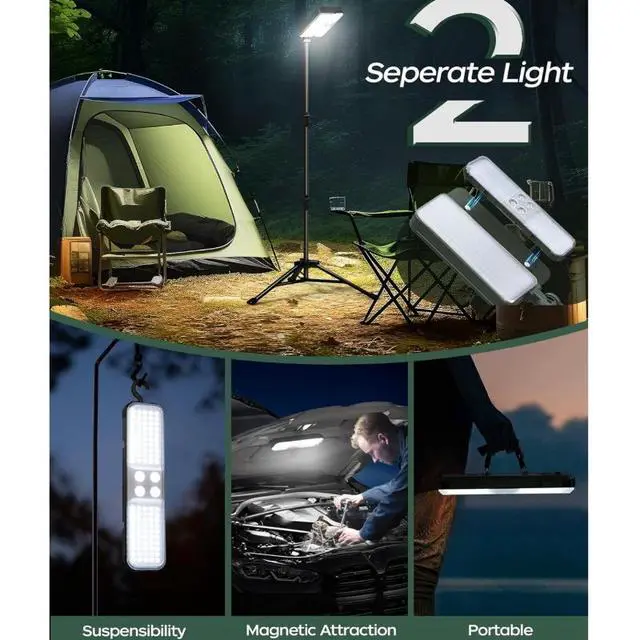 Alt view image 3 of 7 - 10000Lm Dimmable Rechargeable Work Light, 15000Mah Detachable Camping Work Light 72'' Telescopic with 2 Separate Lights, 2 Charge Ways Type C & Solar Powered