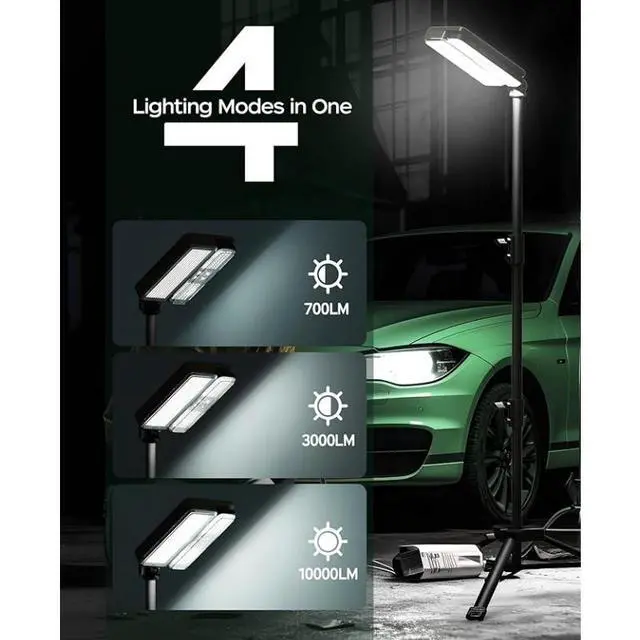 Alt view image 4 of 7 - 10000Lm Dimmable Rechargeable Work Light, 15000Mah Detachable Camping Work Light 72'' Telescopic with 2 Separate Lights, 2 Charge Ways Type C & Solar Powered