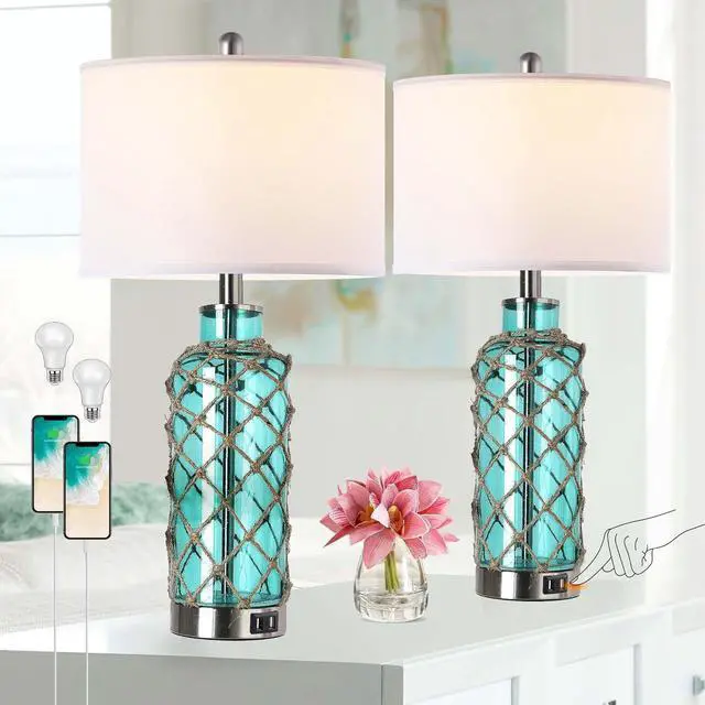 Main image of Cottage Nautical Accent Table Lamp Set Of 2, touch Control Coastal Blue Green Glass Rope Net Bedside Lamp with 2 Usb Ports, 3-Way Dimmable Nightstand Lamps with White Shade for Living Room, Bedroom