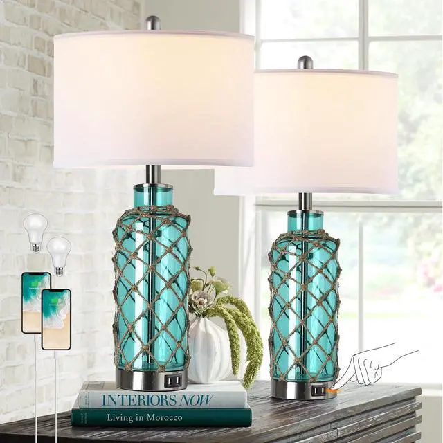Alt view image 2 of 7 - Cottage Nautical Accent Table Lamp Set Of 2, touch Control Coastal Blue Green Glass Rope Net Bedside Lamp with 2 Usb Ports, 3-Way Dimmable Nightstand Lamps with White Shade for Living Room, Bedroom