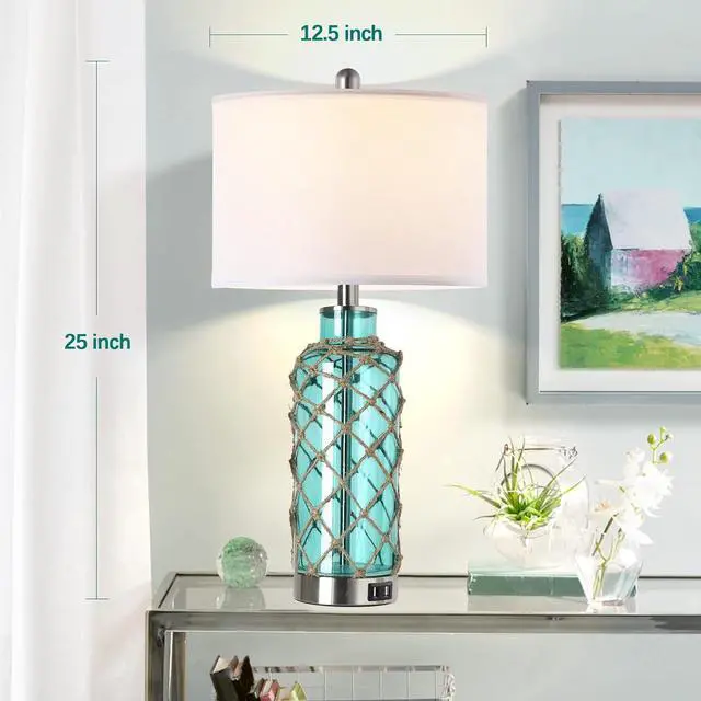 Alt view image 4 of 7 - Cottage Nautical Accent Table Lamp Set Of 2, touch Control Coastal Blue Green Glass Rope Net Bedside Lamp with 2 Usb Ports, 3-Way Dimmable Nightstand Lamps with White Shade for Living Room, Bedroom