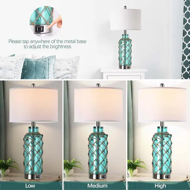 Alt view image 6 of 7 - Cottage Nautical Accent Table Lamp Set Of 2, touch Control Coastal Blue Green Glass Rope Net Bedside Lamp with 2 Usb Ports, 3-Way Dimmable Nightstand Lamps with White Shade for Living Room, Bedroom