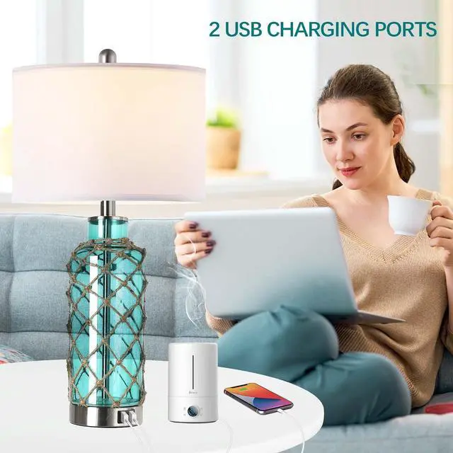 Alt view image 7 of 7 - Cottage Nautical Accent Table Lamp Set Of 2, touch Control Coastal Blue Green Glass Rope Net Bedside Lamp with 2 Usb Ports, 3-Way Dimmable Nightstand Lamps with White Shade for Living Room, Bedroom