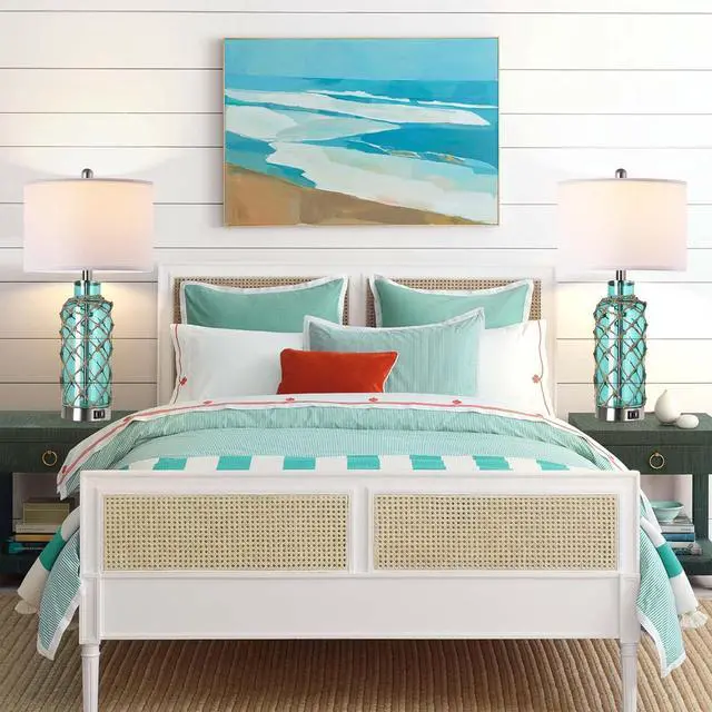 Alt view image 5 of 7 - Cottage Nautical Accent Table Lamp Set Of 2, touch Control Coastal Blue Green Glass Rope Net Bedside Lamp with 2 Usb Ports, 3-Way Dimmable Nightstand Lamps with White Shade for Living Room, Bedroom