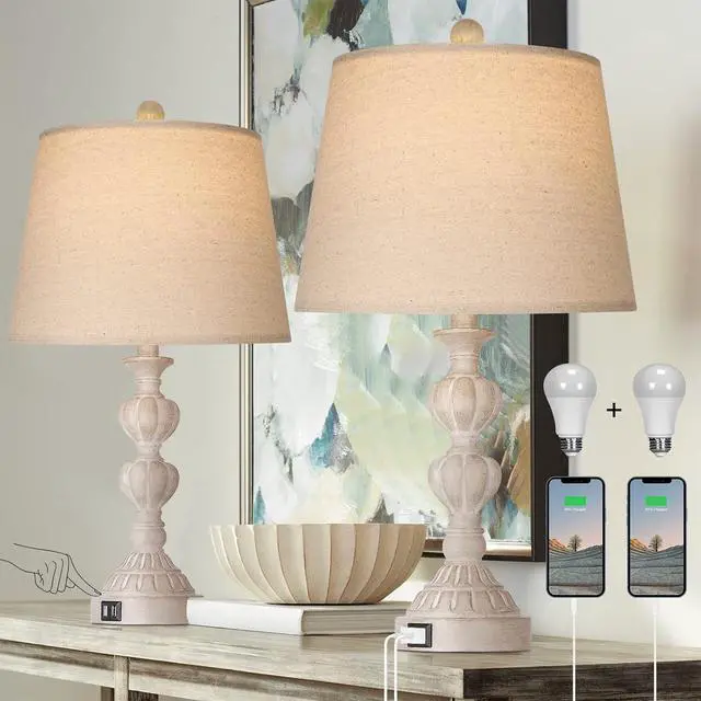 Main image of touch Control Coastal Farmhouse Table Lamp Set Of 2, 3-Way Dimmable Bedside Lamp with 2 Usb Charging Ports, French Country Style Nightstand Lamp for Living Room, Bedroom - Washed White