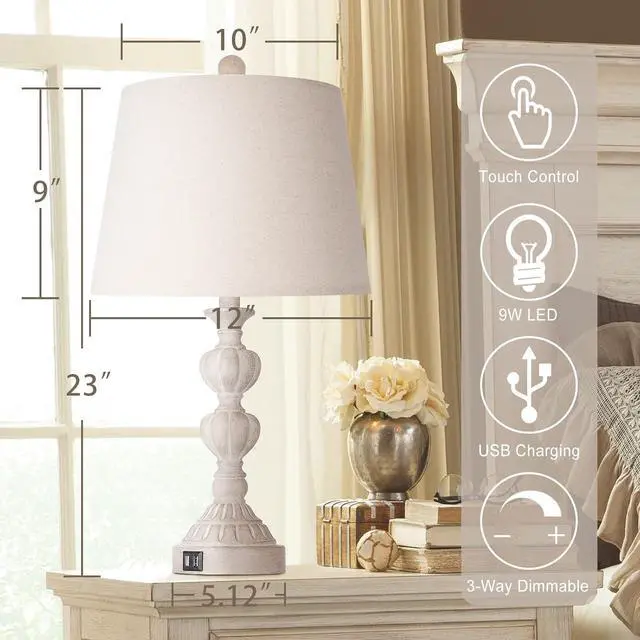 Alt view image 2 of 5 - touch Control Coastal Farmhouse Table Lamp Set Of 2, 3-Way Dimmable Bedside Lamp with 2 Usb Charging Ports, French Country Style Nightstand Lamp for Living Room, Bedroom - Washed White