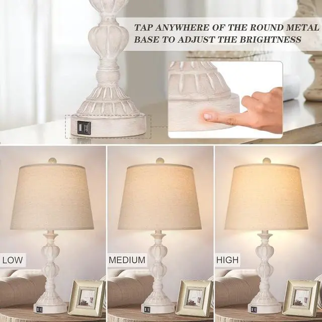 Alt view image 3 of 5 - touch Control Coastal Farmhouse Table Lamp Set Of 2, 3-Way Dimmable Bedside Lamp with 2 Usb Charging Ports, French Country Style Nightstand Lamp for Living Room, Bedroom - Washed White