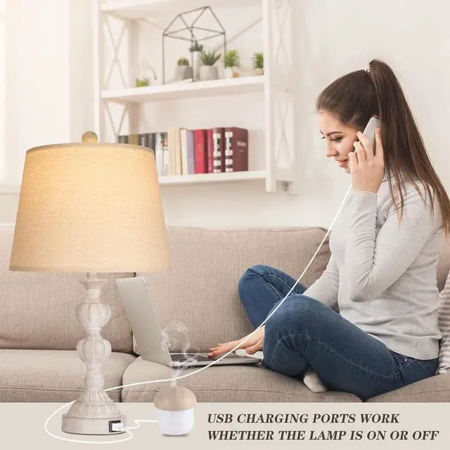 Alt view image 5 of 5 - touch Control Coastal Farmhouse Table Lamp Set Of 2, 3-Way Dimmable Bedside Lamp with 2 Usb Charging Ports, French Country Style Nightstand Lamp for Living Room, Bedroom - Washed White