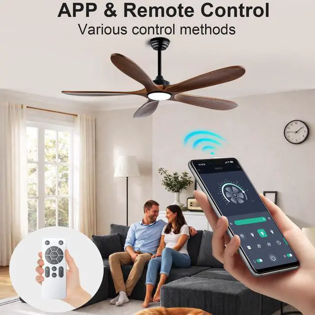 Alt view image 2 of 7 - 52 inch Solid Wood Ceiling Fan with Lights 6 Speed Reversible Dc Motor Modern for Patios, Living Room, Bedroom, Porch