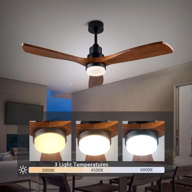 Alt view image 3 of 7 - 52 inch Ceiling Fan with Lights and Remote Control, Reversible, 3 Wood Blades, 6 Speeds, 3Cct Dimmable, Noiseless, indoor/Outdoor Black Walnut Ceiling Fan for Bedroom Living Room Gazebo Patio