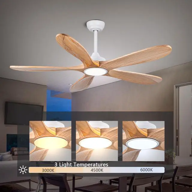 Alt view image 6 of 7 - 52 inch Ceiling Fans with Lights and Remote Control, Reversible, 5Wood Blades, 6 Speeds, 3Cct Dimmable, Noiseless, indoor/Outdoor Nature Wood Ceiling Fan
