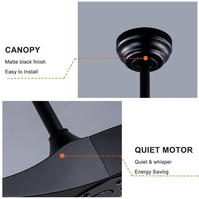 Alt view image 3 of 7 - 52 inch Black Abs Ceiling Fan with Remote Standard Mount No Lights for Garage,Patio, Porch, Garage, Or Living Room