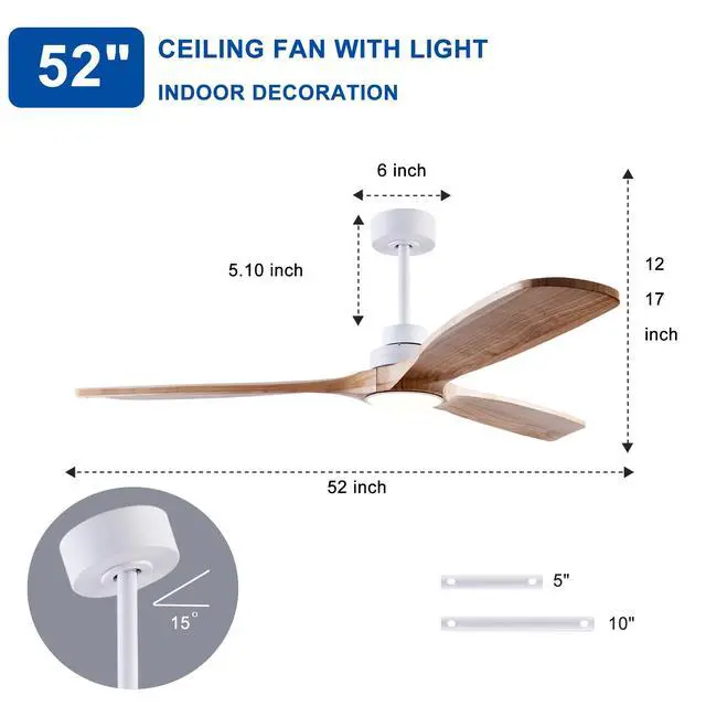 Alt view image 7 of 7 - 52" Natural Wood Ceiling Fan with 6 Speed Noiseless Reversible Dc Motor, indoor 3 Blade Wood Ceiling Fan for Farmhouse Bedroom Living Room Gazebo Patio