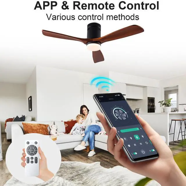 Alt view image 2 of 7 - Dimmable 52 inch Wood Ceiling Fans with Lights and Remote Control - Low Profile Outdoor Ceiling Fan 3 Blades Fans for Patios Bedroom Ceiling Fan with Lights for Living Room Porch